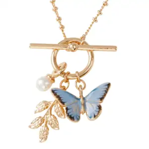 Fable Κολιέ Blue Butterfly & Leaf Charm Gold
